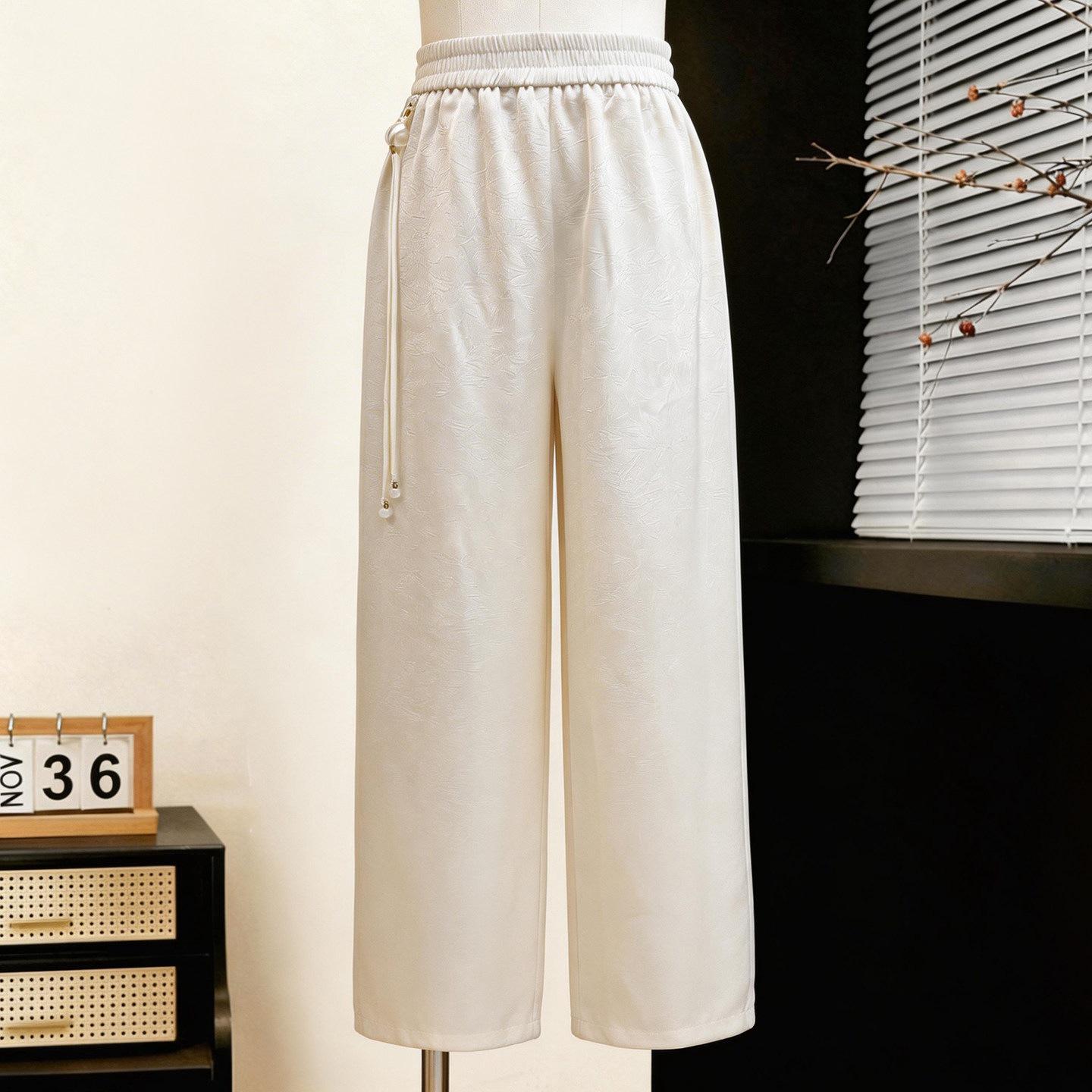 

Chic Jacquard Wide-Leg Spring Pants - Stylish Elastic Waist, Slimming & Casual L (Recommended Below 52.5kg) білий