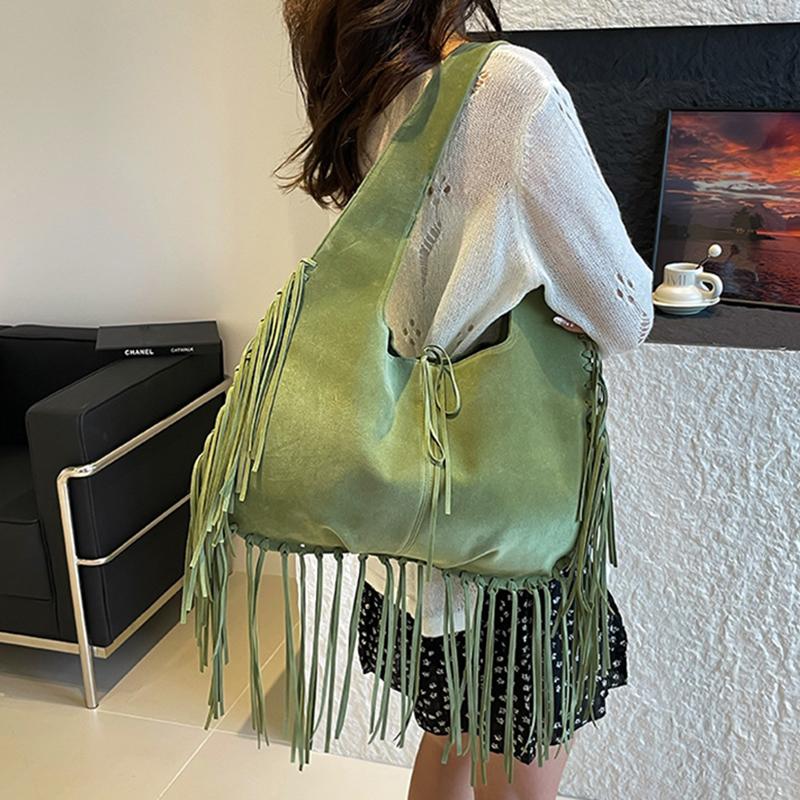 Boho Chic Kordový Střapec Dámská Taška přes Rameno Podzim Velkokapacitní Ručně Vyráběná Jednobarevná Hobo Tote Taška