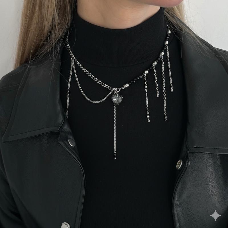 Punk Fringe Zircon Heart-Shaped Pendant Necklace For Women Geometric Black  Chain Choker Jewelry Gift