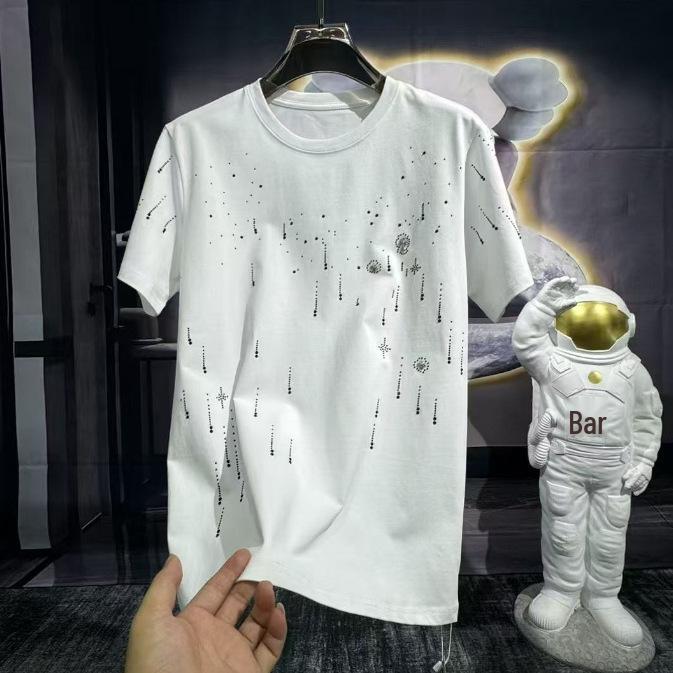 Men's Luxury Rhinestone Wing Tee - Spring/Summer, Short-Sleeve, Statement Fashion, Wide Round Neck.