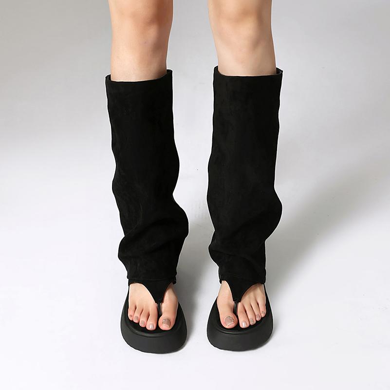 Plus Size Frosted Suede Material Flat Bottom Clip Toe Cover For Women's Summer Midsole Boots Breathable Lining Peep Toe Boots