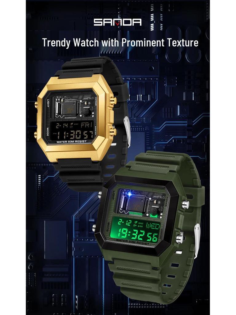 Sanda Luminous Waterproof Teen Alarm Watch - Square Electronic Sports Countdown Timer