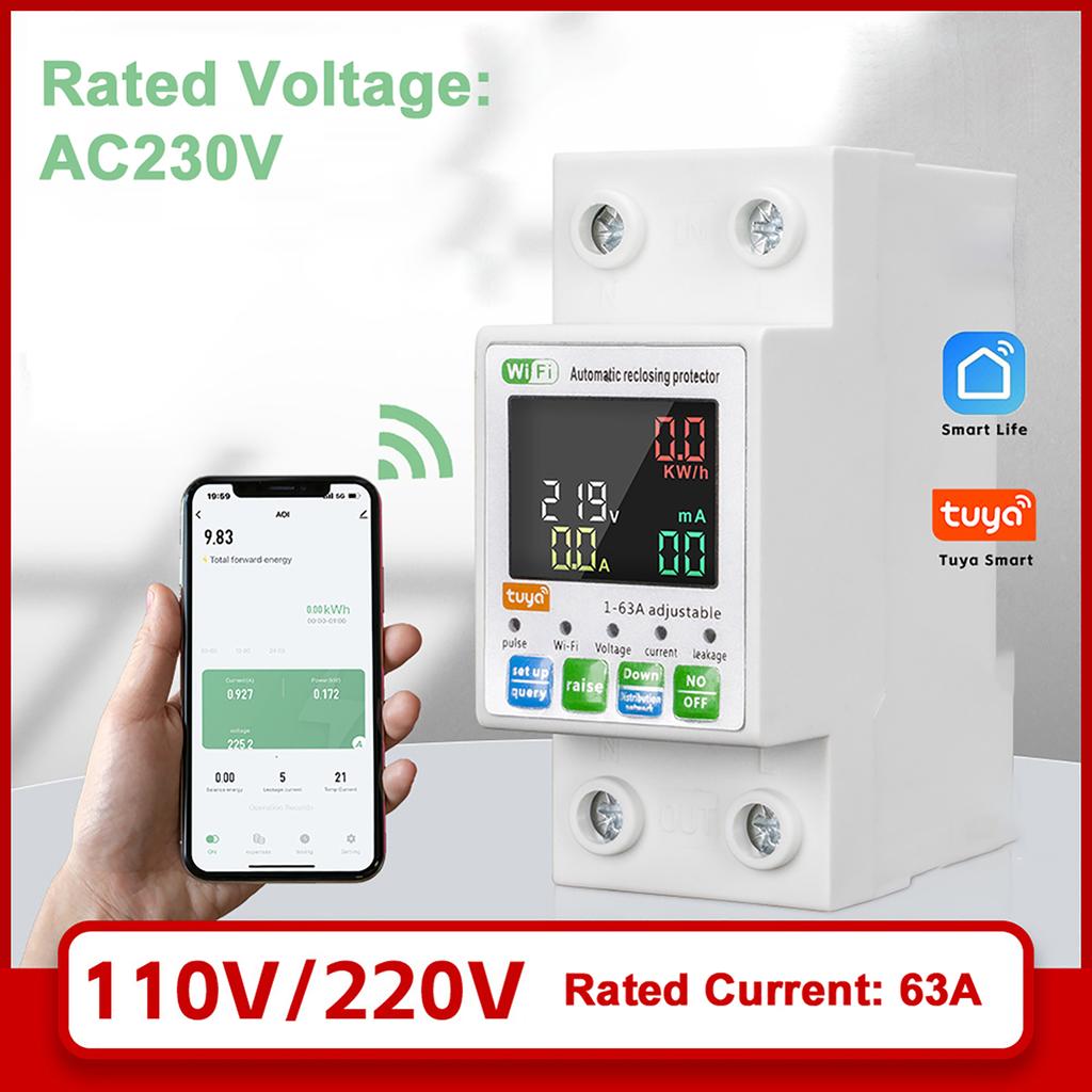 Tuya WiFi Intelligent Circuit Breaker Backlit Single Phase Energy Meter Auto Reclosing Protector with LCD Display