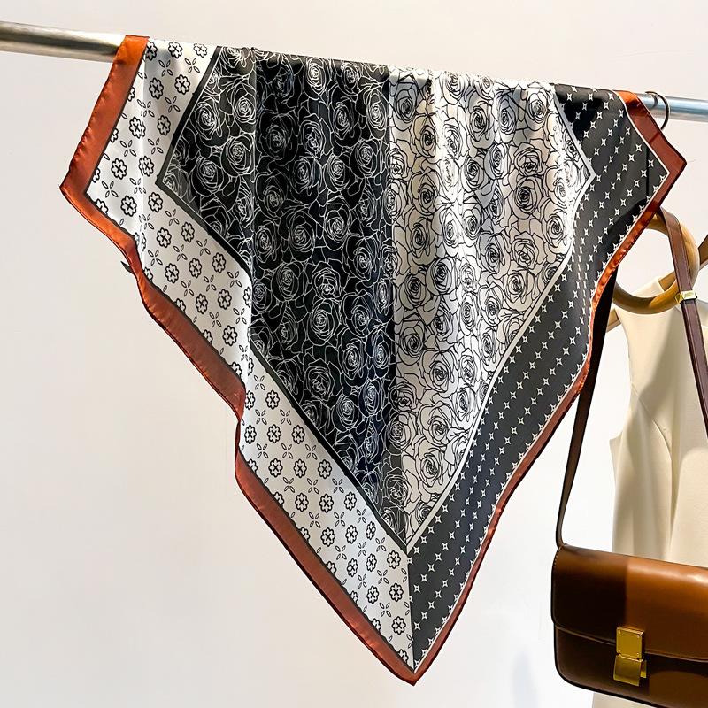 Rose Flower Print Square Scarf for Women Satin Fashion Wraps Neckerchief Female Hair Bands Headband Bandana 70X70CM