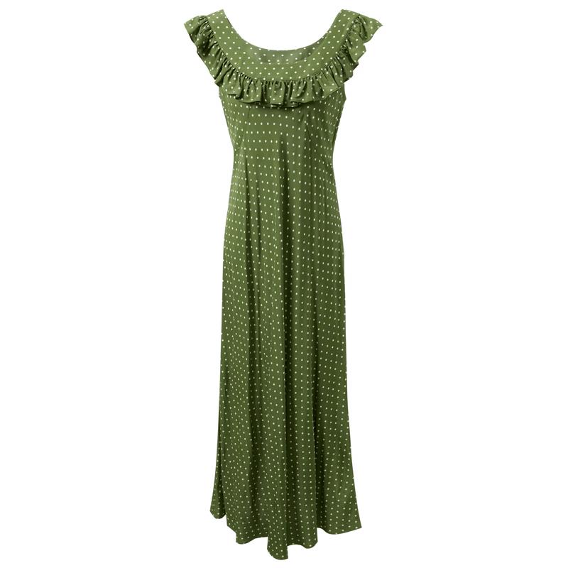 Sancai French Polka Dot Ruffle U-Neck A-Line Long Dress S