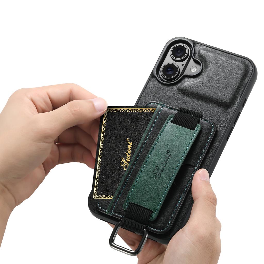 SUTENI H13 For iPhone 16 Case Card Holder Wristband Waxy Texture Leather+TPU+PC Cover