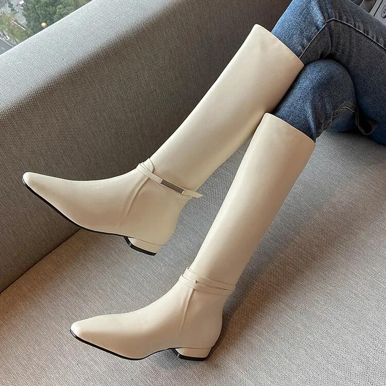 Fashion New Solid Color Cowhide 2.5cm Low Heel Knee High Boots Autumn Winter Fashion Warm Plush Red Black Spicy Girl Women Boots 34-43
