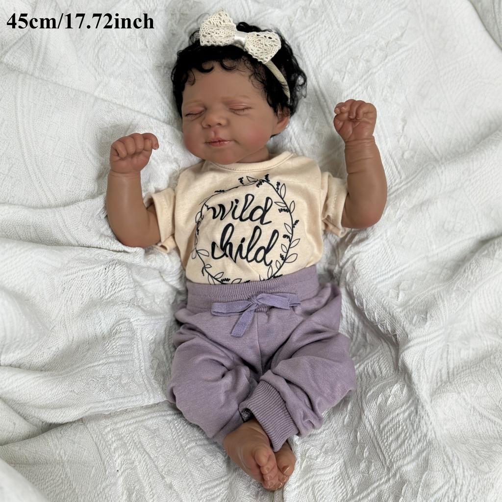 BZDOLL 45cm/18inch Reborn Baby Cloth Body Doll Sleeping Bedtime Toy with Black Skin, Soft Vinyl Limb Newborn Bebe Art Toys Gift for Kids