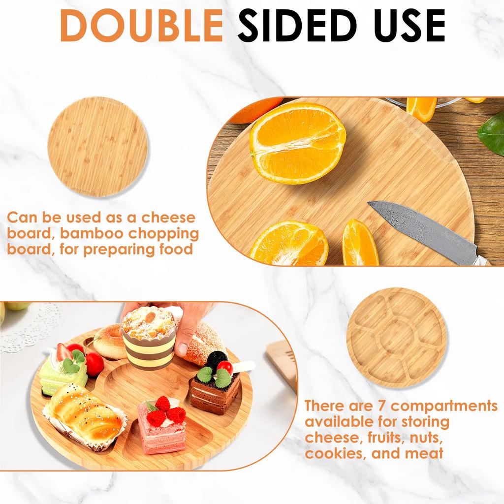 Charcuterie Board with Lid Handle Portable Cheese Boards with 7 Compartments Bamboo Meat Fruit Serving Tray for Kitchen Picnic