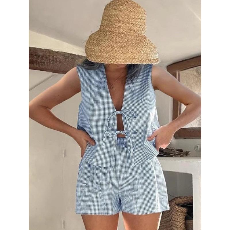Women's New Summer Plaid Tie Cardigan Vest Shorts Fashion Casual Suit
