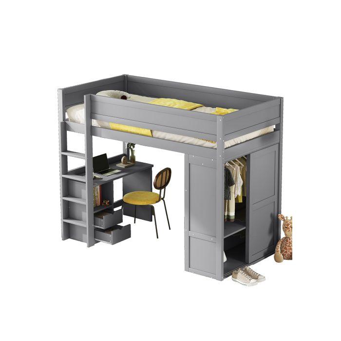 Lit Mezzanine - MUVOE - 90x200cm - Armoire Intégrée - Bureau Pratique - Tiroirs De Rangement