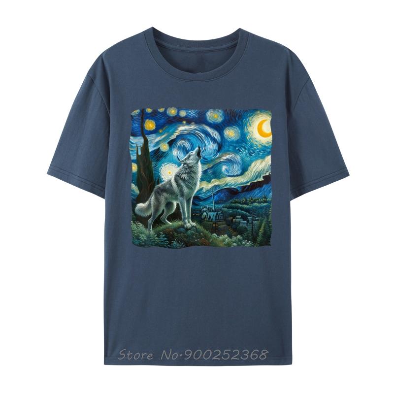 Wolf Starry Night Howling Moon Funny TShirt Oversized Casual Tshirt New Summer Tees Cotton Fashion T Shirt Men Clothing