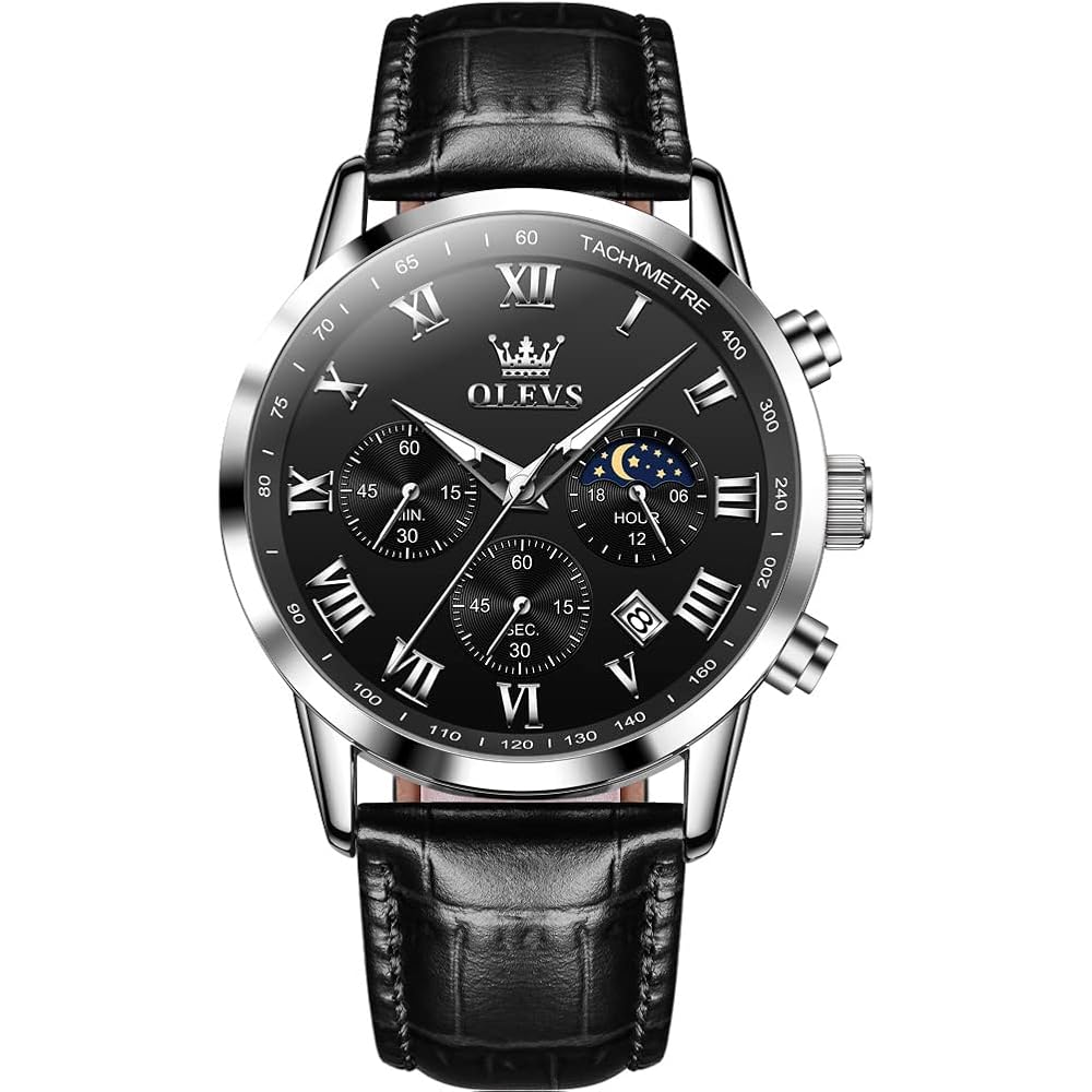 OLEVS Men s Analog Quartz Watch Black Leather Waterproof Lightweight Date Day Display