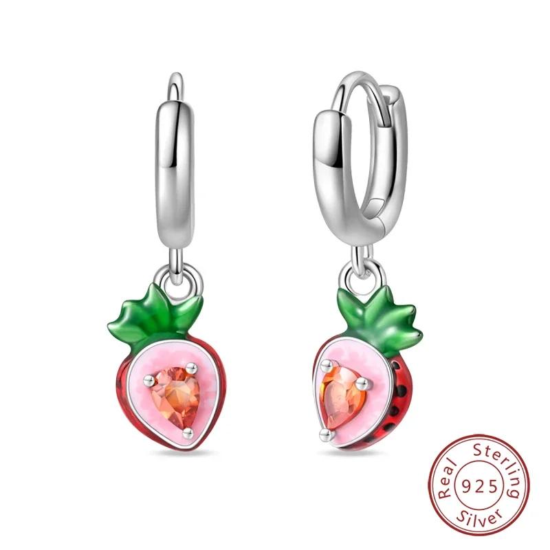 New 925 Silver Bee Butterfly Pink Lily Lotus Earrings for Women Cherry Apple Strawberry Ear Studs Elegant Party Jewelry