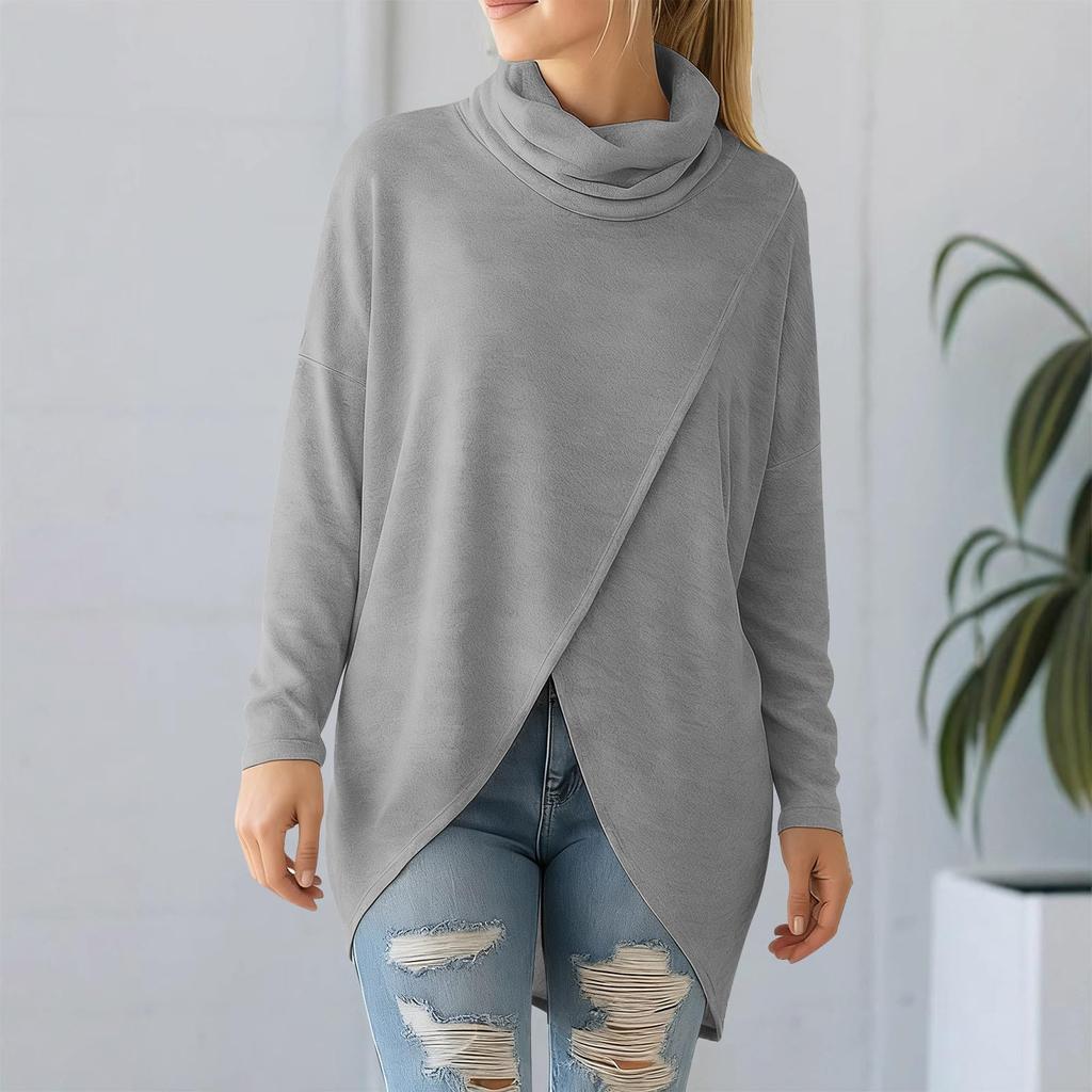 Top Pullover Casual da Donna a Collo Alto a Maniche Lunghe Lento con Orlo Spaccato Davanti, Top a Collo Alto per Autunno e Inverno