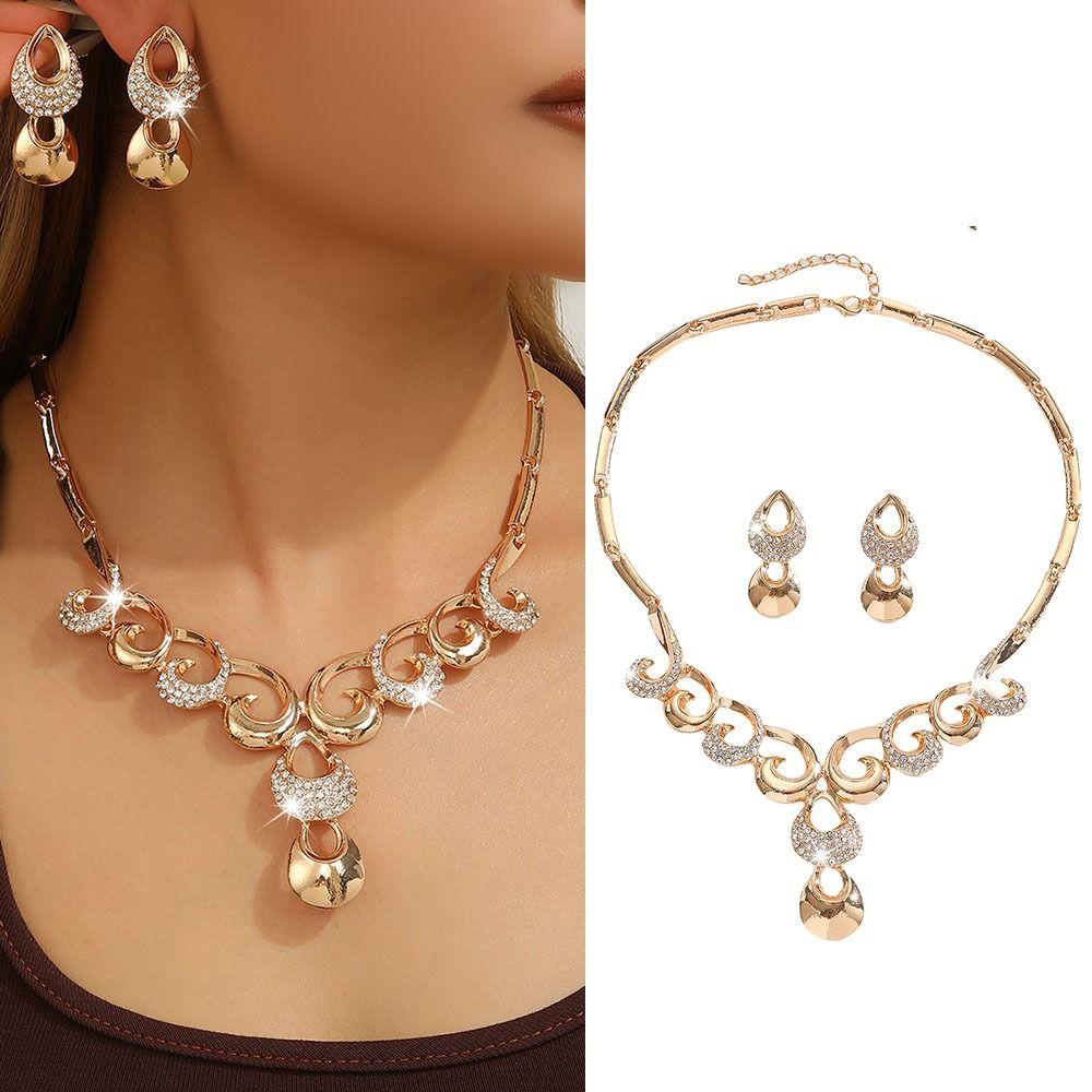 Rhinestone Inlaid Necklace Earrings Set Hollowed-out Women Jewelry Set  Wedding