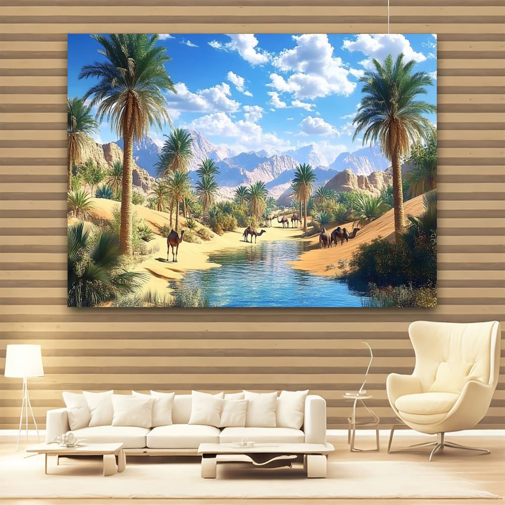 2D Plane Design, 1 Realistic Desert Oasis Photography Flag - Middle Eastern Landscape Painting, Featuring Camels
