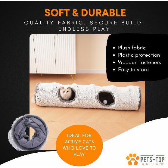 Cat Tunnel Collapsible Long Plush – Cat Crinkle Tunnel – Cat Tunnel for Indoor Cats – Cat Tube Cute Cozy Pet Play for Hours of Fun (47" / Pearl