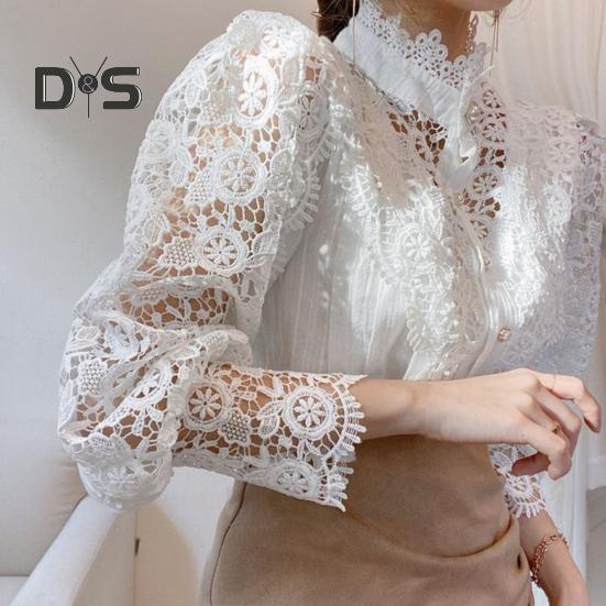 Kadın Gömlek Stand Yaka Fener Uzun Kollu Tek Sıra Gömlek Üstleri İçi Boş Nakış Dantel Düz Renk Üstler