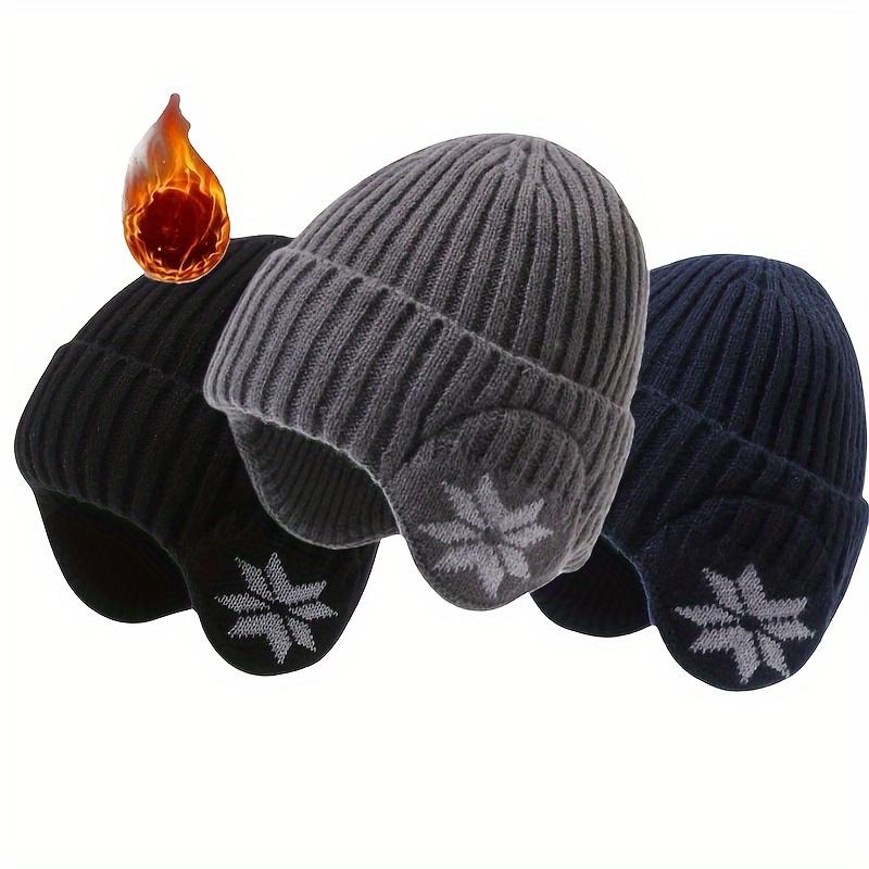 Unisex Winter Knit Hat with Detachable Ear Flaps Windproof Warm Snowflake Pattern Beanie