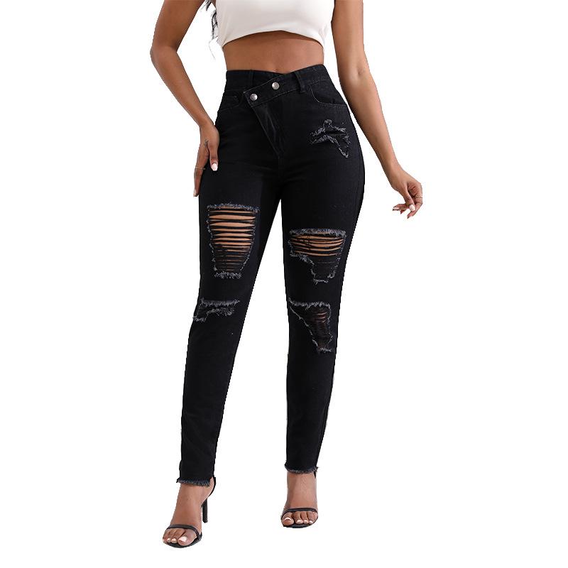 2023 European & American Sexy High-Waisted Ripped Skinny Jeans for Women L