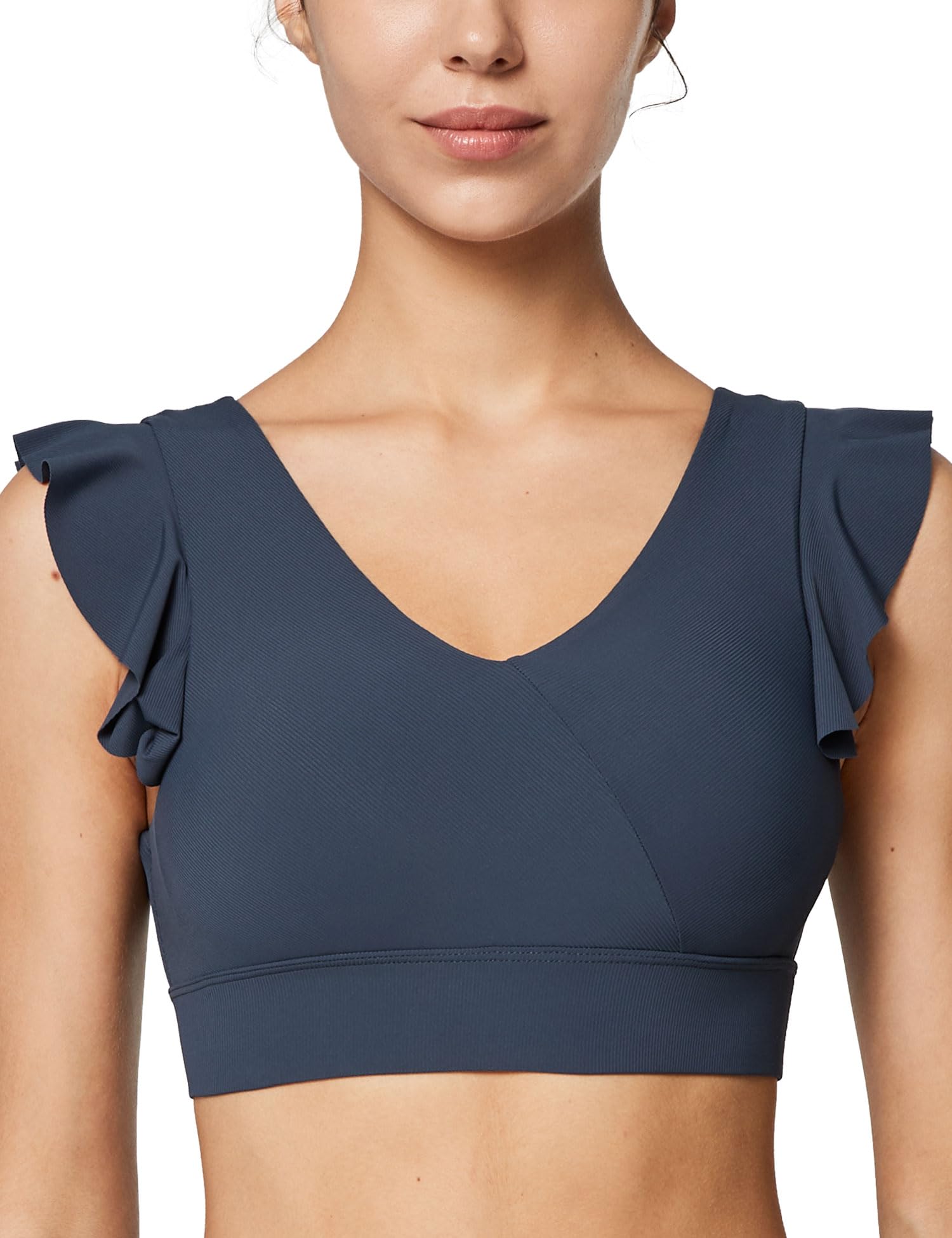 

Yvette Sports High 3D Removable Gym Size Navy Women s Bra, Moisture-Wicking, Quick-Drying, Breathable, Stretchy, Ribbed, Ruffled, V-Neck, Sides, Cut,