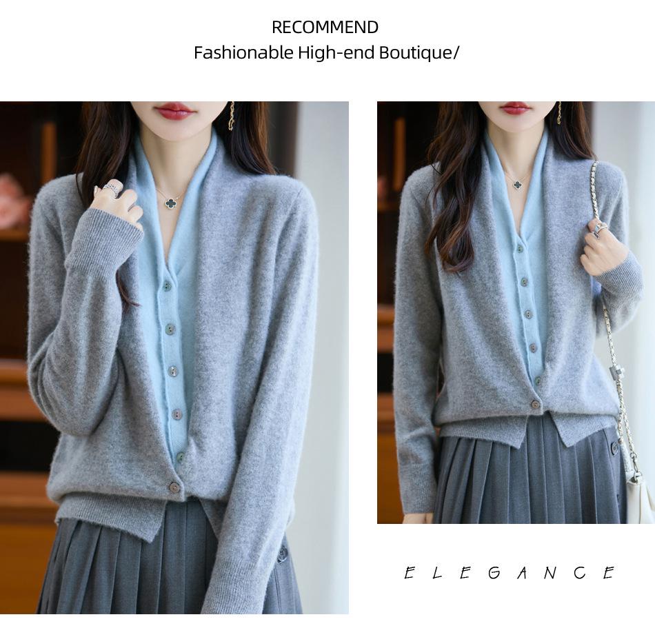 V Yaka Renk Bloklu %100 Yün Örgü Hırka - Sonbahar & Kış İki Parçalı Fransız Günlük Kazak Ceket