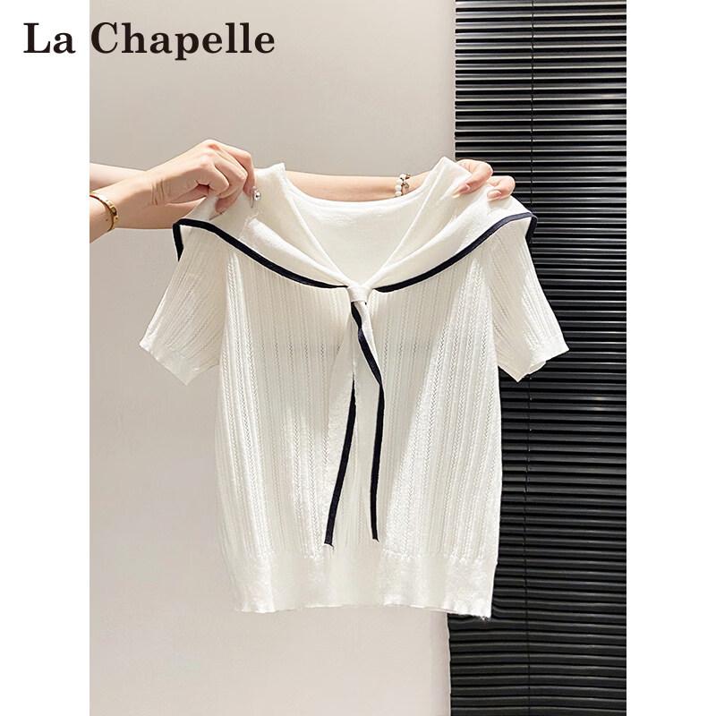 Women s Short Sleeve Sailor Collar Knit Top L белый