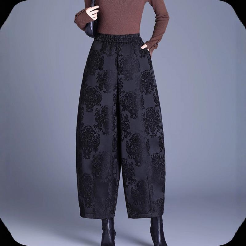 Chinese Style Jacquard Anti-Aging Down Cotton Pants for Middle-Aged Women - Autumn/Winter Cropped Casual Boots