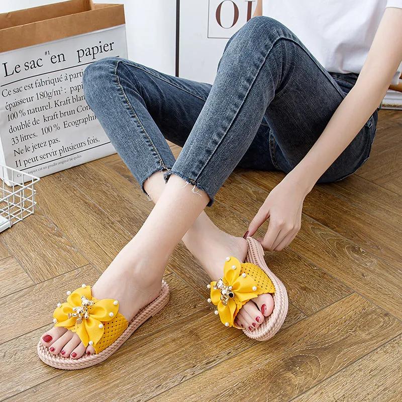  Women Fashion Sweet Light Weight Anti Skid Spring Peep Toe Pink Bow Tie Slippers Lady Classic Home Outside Slide Ab764