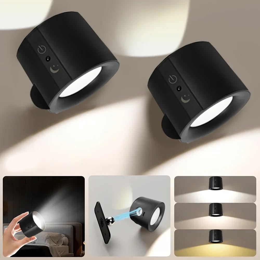 Kinkiety ścienne LED, sterowanie dotykowe, podwójna głowica, lampa ścienna, 360 stopni, obrotowa, 3-kolorowa, bezprzewodowe lampki nocne do sypialni