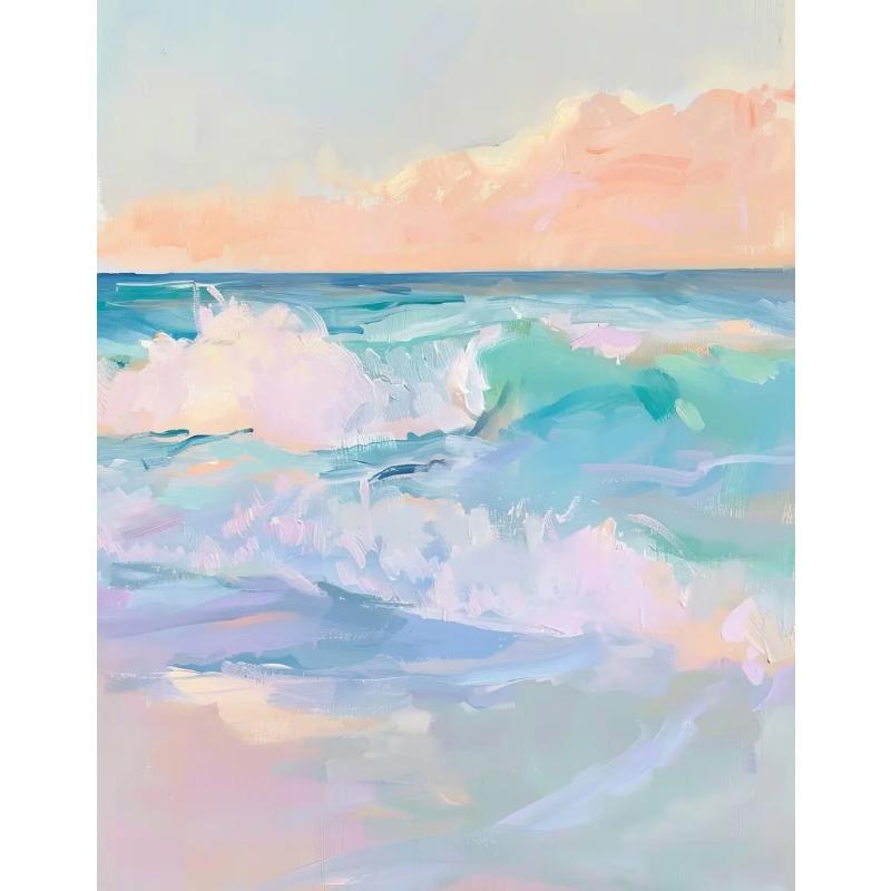 Pink Watercolor Ocean Waves Seascape Poster Oyster Shell Beach Umbrella Surfing Canvas Printing Wall Art Picture Home Decor
