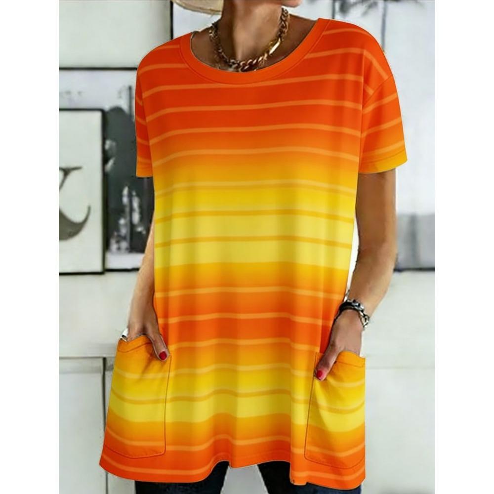 Ladies  Spring and Summer New Classic Simple Pocket Design T-shirt Versatile and Comfortable Round Neck Short Sleeve Top 3XL