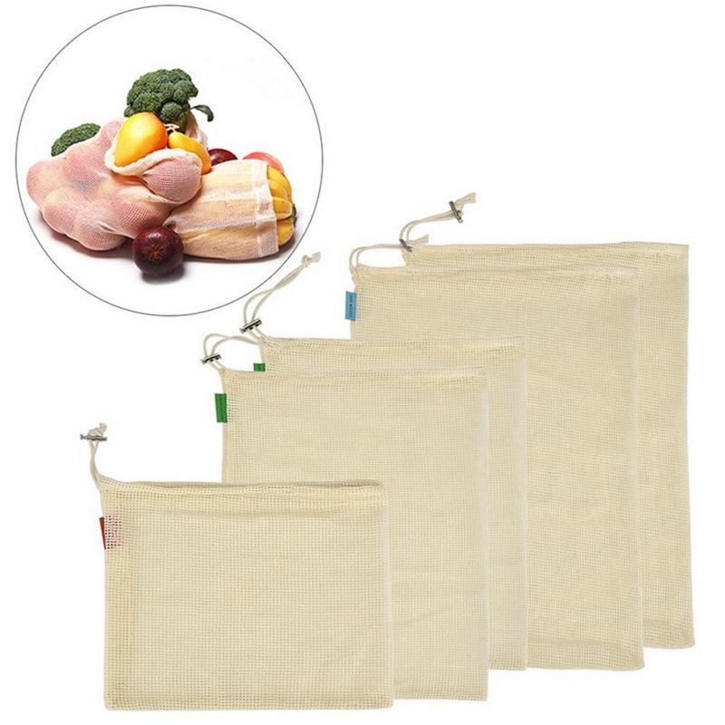3PCS Reusable Produce Shopping and Storage Bags, Drawstring, Washable Organic Cotton Mesh