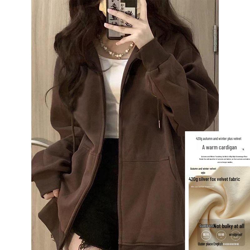 Women's Red Hooded Zip-Up Cardigan - New Year Battle Robe Style, Plus Velvet, Petite Loose Fit for Spring & Autumn