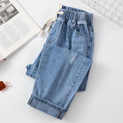 Sommer Harem Jeans für Damen in Übergröße – Trendige Schnürung, Elastischer Bund, Stretch Cropped Hose.