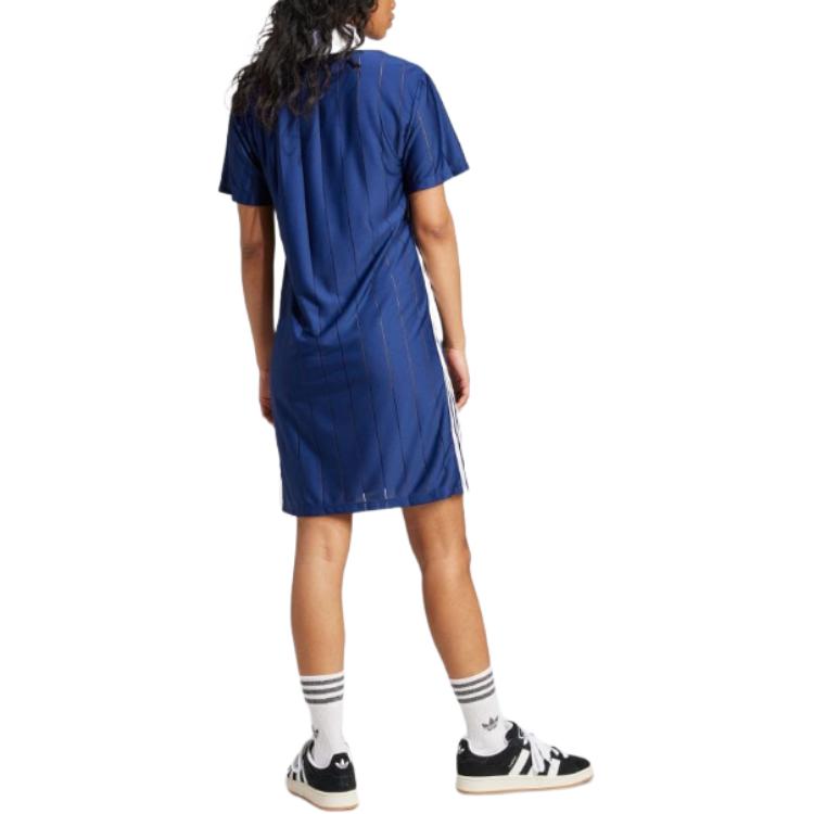 Adidas Originals Stripe Logo Comfort Soft Breathable Short Sleeve Dress Women Dress Navy IX5509