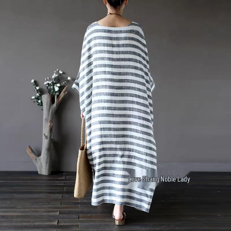 2024 Spring Ethnic-Style Mid-Length Striped Cotton Linen Dress for Women