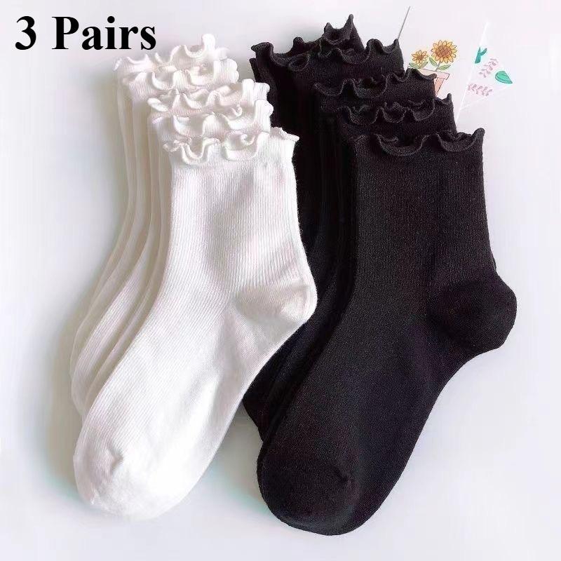 3 Pairs Women's Socks Mid-tube Spring and Autumn White Atmosphere Wavy Edge Socks Black and White