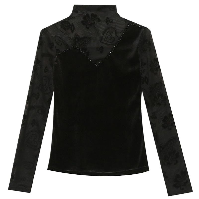Half Turtleneck Base Blouse for Women with Long-sleeved T-shirt In The Winter Sexy Mesh Heavy Beaded Top