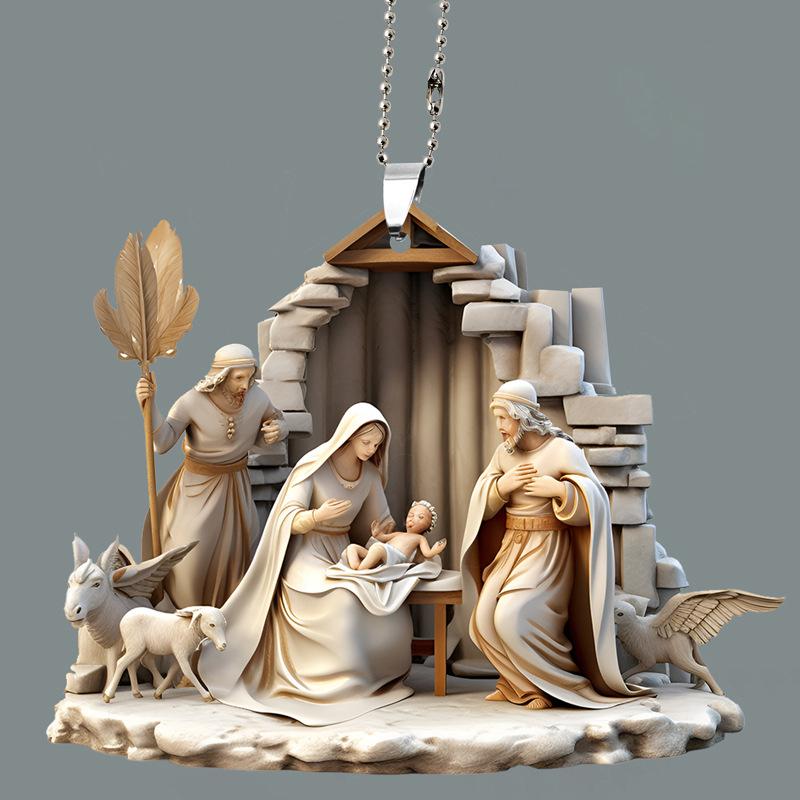 Christmas Tree Jesus Pendant Ornament Family Prayer Scene Pendant Bright Colored Car Decoration Pendant Home Decorations