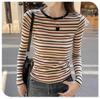 Women's Retro Color Block Striped Long Sleeve Slim Fit T-shirt for Autumn and Winter