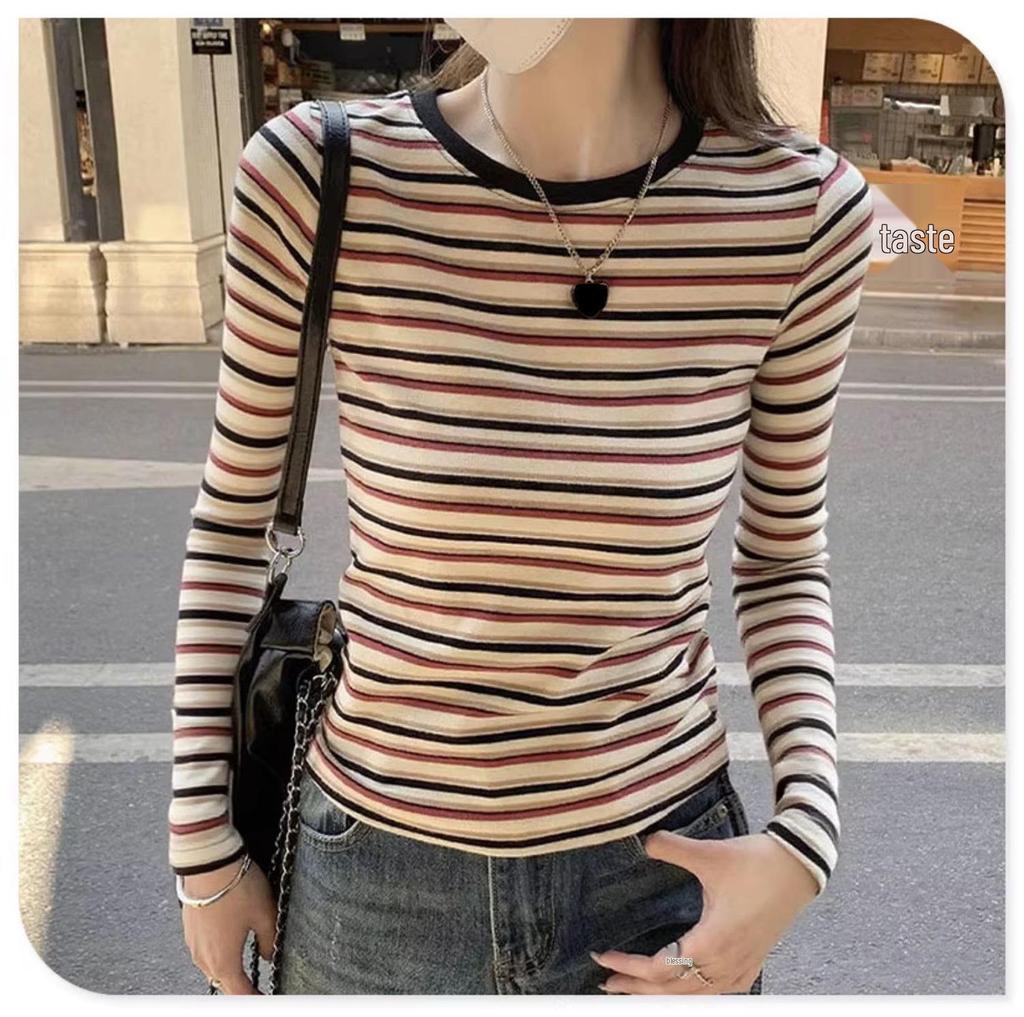 Women's Retro Color Block Striped Long Sleeve Slim Fit T-shirt for Autumn and Winter
