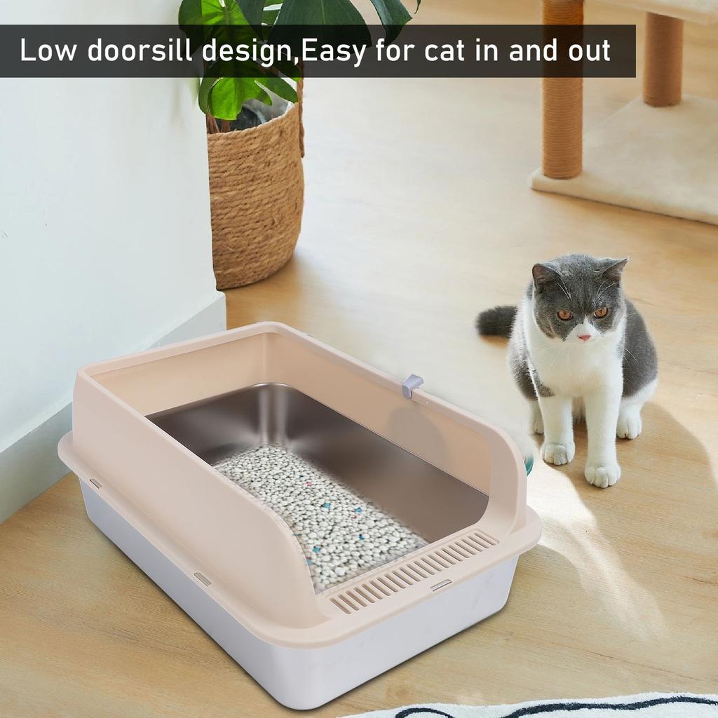 Stainless Steel Cat Litter Box Sturdy Easy To Clean Anti Splashing High Sided Metal Kitty Litter Tray With Scoop For Indoor Cats