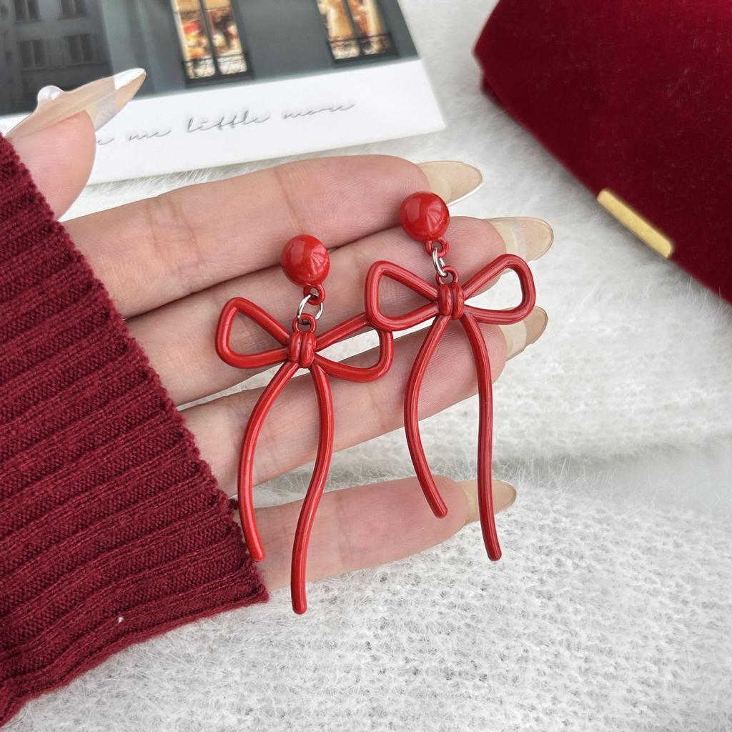 Red Bow Drip Oil Earrings: 925 Sterling Silver Autumn/Winter Studs for Women