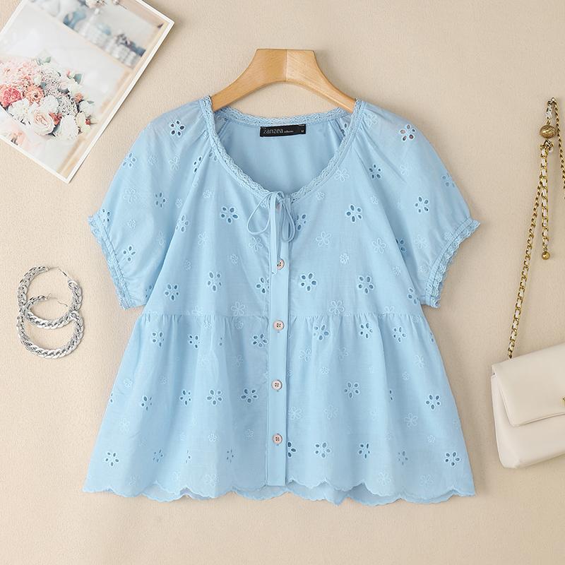 

ZANZEA Женская повседневная блузка с круглым вырезом, свободного кроя, с вышивкой, вязаная крючком, с коротким рукавом M синий