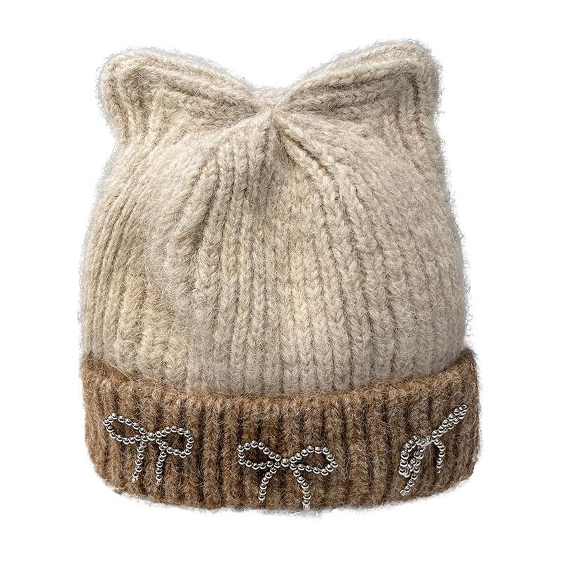 Autumn and Winter New Cute Cat Ears Bow Woolen Hat Versatile Women's Large Head Circumference Ear Protection Knitted Cold Hat