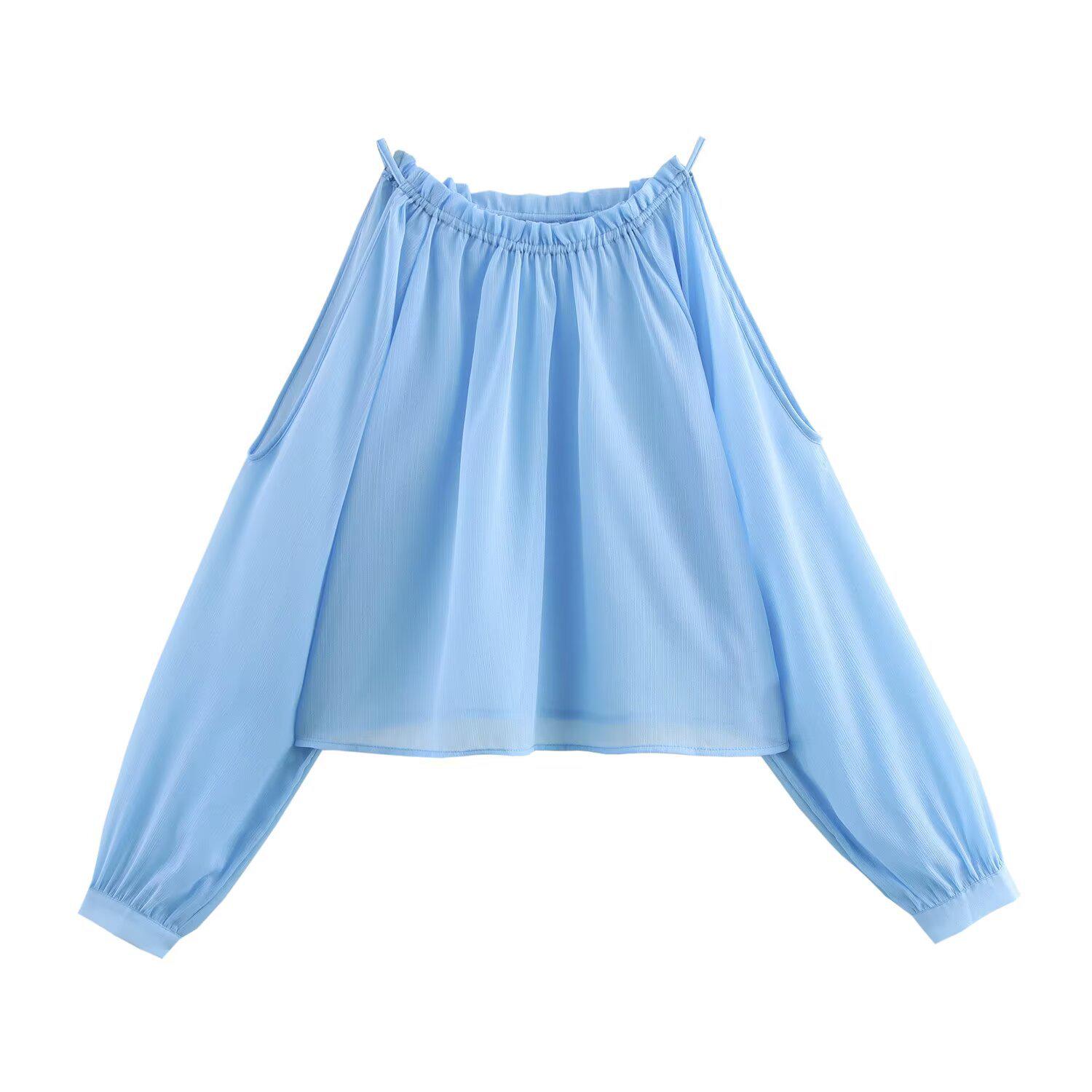 

2025 Spring Women s Fashion Off-the-Shoulder Long Sleeve Top: Casual & Versatile European-American Style Extra Small небесно-голубой
