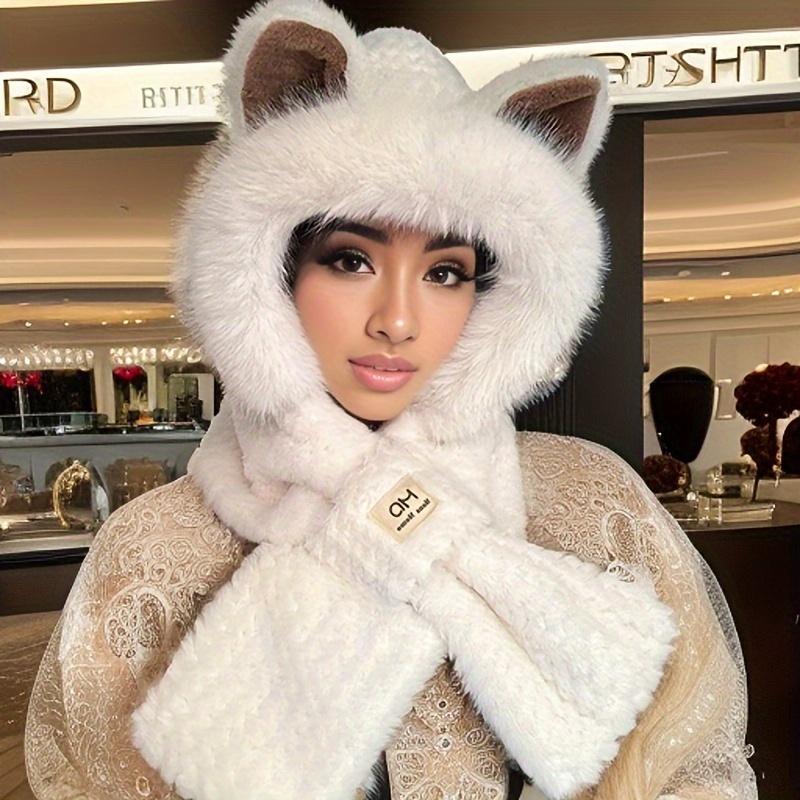Winter Warm Hooded Scarf - Cute Animal Design, Fluffy Plush Women's Bonnet with Cartoon Ears and Thick Warm Elastic Scarf