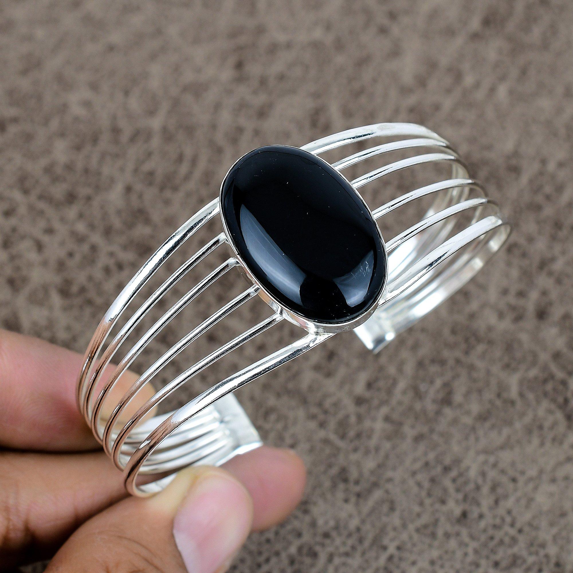 

Black Onyx Gemstone Handmade 925 Sterling Silver Cuff Bangle Adjustable KKG-195